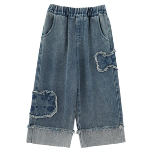 幼悠女童2026春季新款复古做旧九分直筒牛仔裤洋气百搭宽松裤子潮