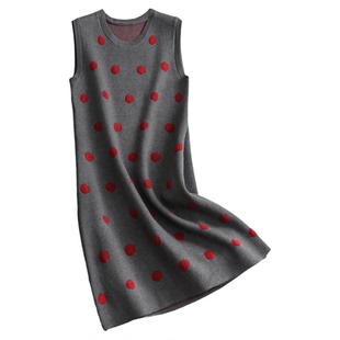 撞色波点显瘦修身圆领无袖针织毛衣裙温柔减龄背心裙女连衣裙Q827