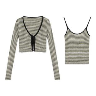 MULVAN【现货6.5折】两件套条纹针织衫女修身叠穿吊带开衫短上衣