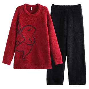 睡衣女秋冬2025新款珊瑚绒加厚加绒红色本命年冬季半边绒家居服