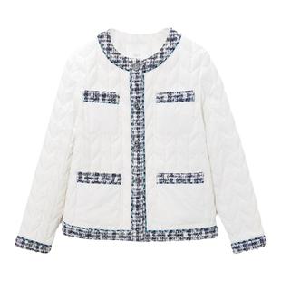 OVV秋冬新款女装圆领特殊绗线拼边粗花呢羽绒服外套