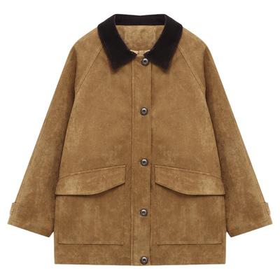 Basic House/百家好复古仿麂皮翻领拼色外套2026流行宽松夹克上衣