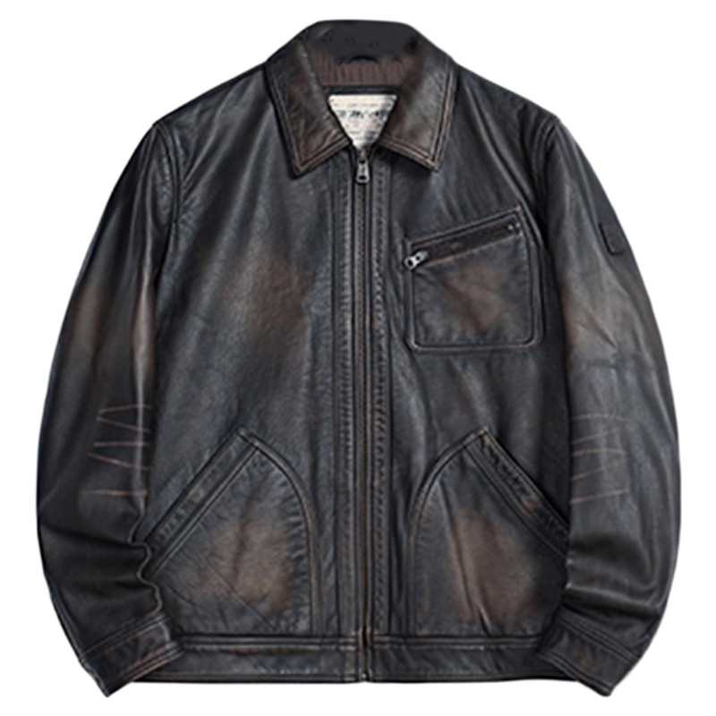 MCS男装源自万宝路翻领休闲复古牛皮夹克做旧真皮皮衣男士外套