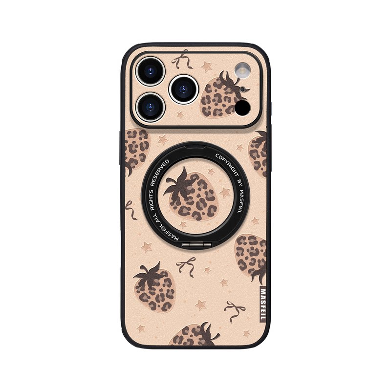 MASFEIL× 豹纹草莓适用iPhone18Promax手机壳新款ip16磁吸带支架苹果17Pro套Ho5支点好看高级感13pm全包女