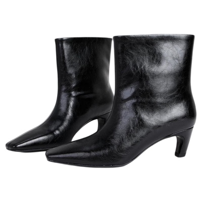 MantenerGran法式小方头短靴女真皮黑色瘦瘦靴高跟靴子 MG女靴