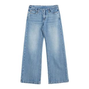 SMIIILE全棉无腰头浅蓝色复古水洗阔腿牛仔裤女低腰春宽松直筒裤