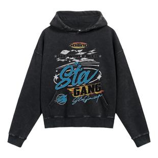 STA潮牌图标logo水洗短款连帽卫衣男女春秋美式复古宽松上衣情侣
