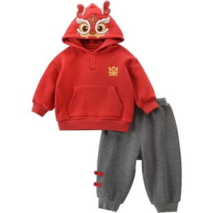 男童卫衣套装冬季女童加绒红色新年装儿童周岁衣服龙年宝宝拜年服