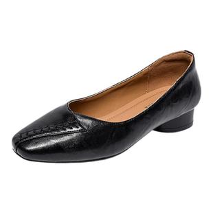 品牌真软皮女士浅口单鞋民族风2025春夏季新款低跟平底百搭小皮鞋