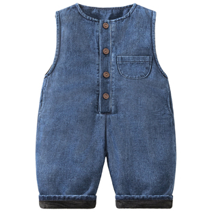 婴儿秋冬加绒牛仔背带裤男宝冬装棉裤冬季女孩连体裤儿童加厚裤子