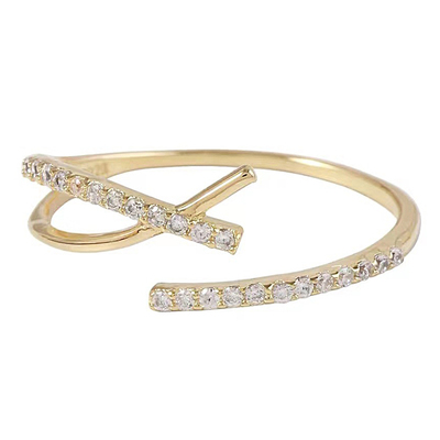 交叉钻金属锆石珍珠开口戒指