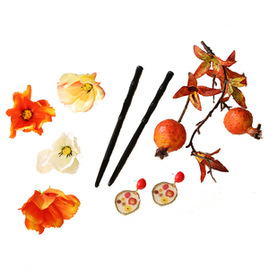 新中式仿真花石榴发簪耳环套装婚礼晨袍造型头饰新娘敬酒服发饰女