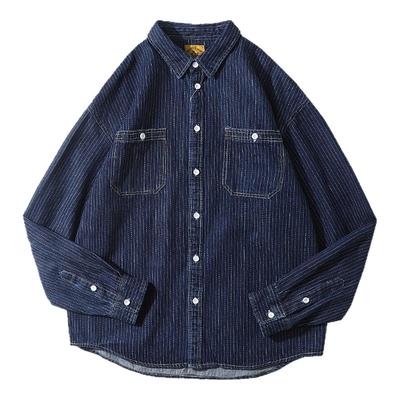 BDCT春秋竖条纹翻领长袖牛仔衬衫