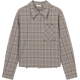 布景衬衫女冬季新品简约翻领可收缩下摆设计感长袖格子衬衣1716