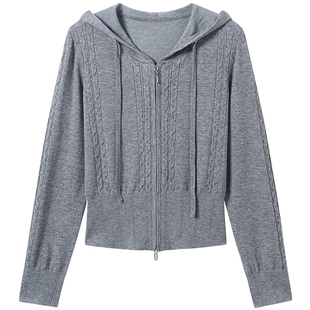 衣香丽影双拉链连帽针织开衫女2025冬装新款学院风羊毛miu系上衣