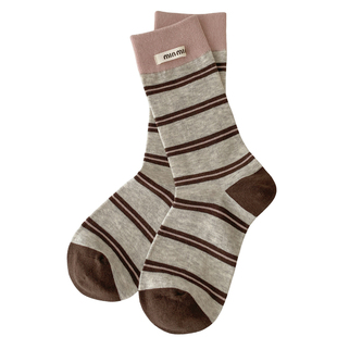 不会丢的袜子 复古条纹中筒袜女款复古时尚布标miu风日系秋冬长袜