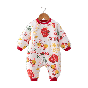 婴蓓依婴儿连体衣棉服新生儿过年衣服男女宝宝新年装拍照秋冬装