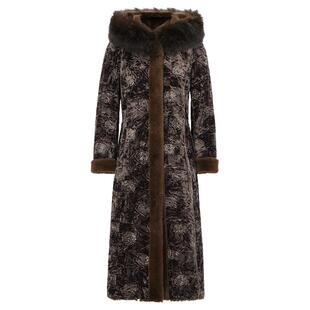 马天奴2025新款女装棕色印花狐狸毛领连帽长款大衣外套毛绒一体女