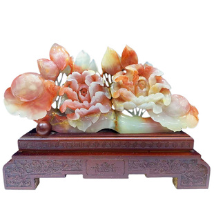 天然玉石牡丹花花开富贵公司乔迁开业礼品红花玉雕摆件红花冰玉石