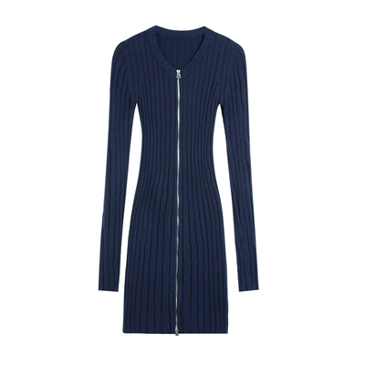 MULVAN【现货7折】红色长款双拉链针织开衫女上衣春秋修身连衣裙