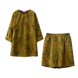 现货葫芦套装100%桑蚕丝香云纱红云纱宽袖国风上衣短裤真丝两件套