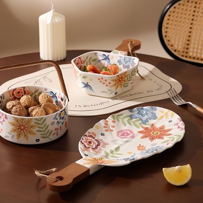 锦绣餐具造型好看的盘子水果篮客厅用高颜值手柄碗精致托盘手提碗