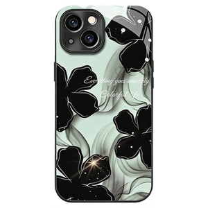 水墨花钛灰色电镀玻璃壳适用苹果13手机壳新款简约iPhone16/15/14外壳全包防摔手链轻奢苹果17国潮保护套女款