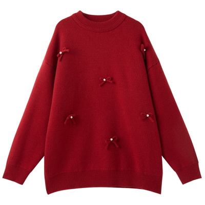 甜系新年红珍珠蝴蝶结加绒毛衣