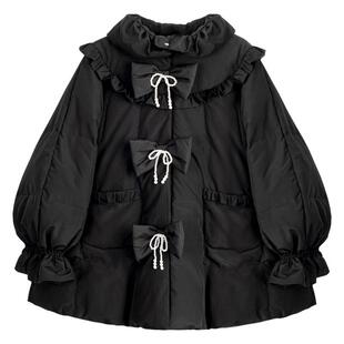 KEIKO [高克重229g白鸭绒]黑色斗篷型羽绒服冬季蝴蝶结饰加厚外套