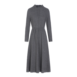 JESSIE格雷灰收腰显瘦连衣裙女木耳花边领压褶醋酸A字裙秋冬新款