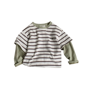 男童条纹T恤假两件纯棉春秋潮宽松韩版洋气长袖宝宝儿童打底衫男