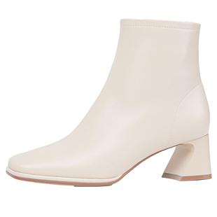 百田森方头羊皮靴鞋女士短靴子高跟鞋秋冬羽绒黑色靴子配裙子短靴