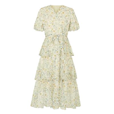 s.deerV领碎花网纱泡泡袖连衣裙