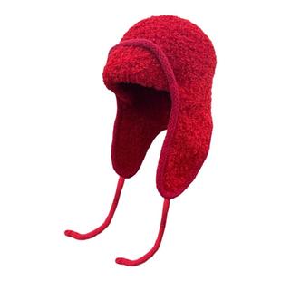 大头围毛绒飞行帽防风护耳雷锋帽新年红色保暖防寒大号针织毛线帽