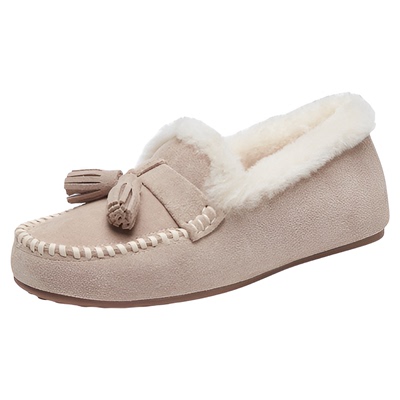 思加图复古保暖加绒平底鞋豆豆鞋