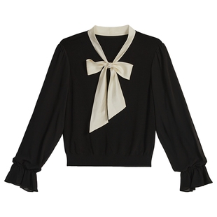YINER音儿专选2025春季新款法式钉珠扣饰蝴蝶结雪纺袖拼接针织衫