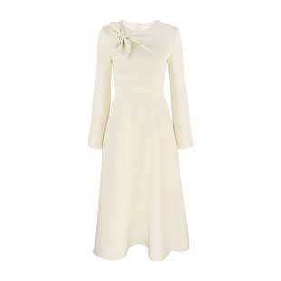 韩语琳 法式优雅长袖杏色连衣裙女2026新款气质名媛收腰大摆长裙