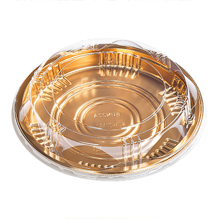 金色圆形一次性预制菜塑料包装盒超市商用欧式寿司打包防雾透明盖