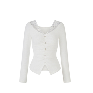 Sun雅乔【心机内搭】秋冬新款V领网纱闪钻拼接毛绒针织打底上衣女