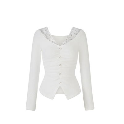 Sun雅乔【心机内搭】秋冬新款V领网纱闪钻拼接毛绒针织打底上衣女