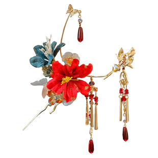 古风汉服秀禾新娘头饰红色紫色绒花缠花古典宫廷影楼拍照婚礼发饰