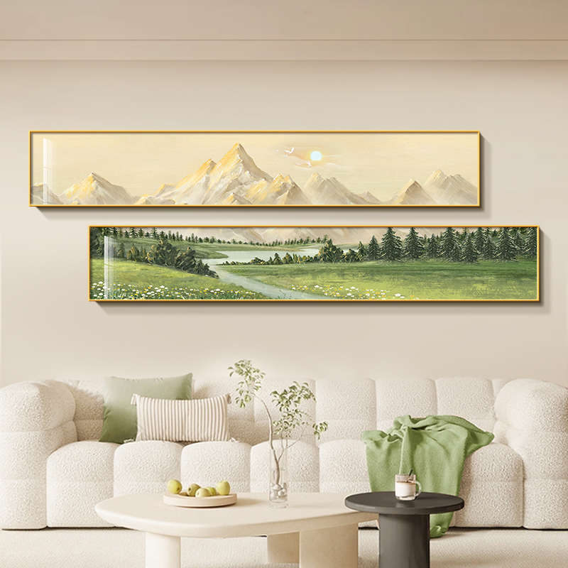 日照金山客厅装饰画山水风景沙发背景墙挂画高级感横幅窄长条壁画