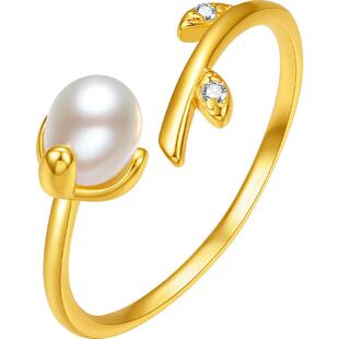 六桂福 花苞珍珠戒指女S925银黄金色时尚小众设计新年礼物