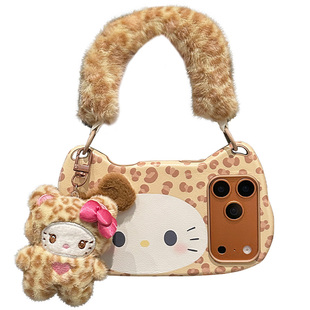 lizardhill 秋冬豹纹kt适用苹果17promax手机壳女16pro新款iphone15斜挎背带毛绒挂绳14pro小众全包13不撞壳