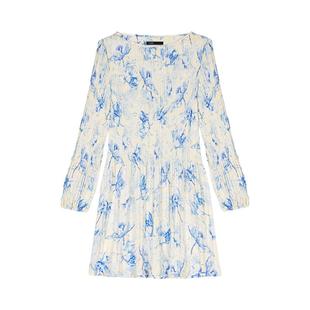 Maje2025春夏女装法式时尚蓝色印花图案圆领长袖收腰短款连衣裙