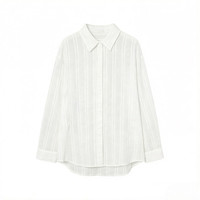 纯棉提花工艺白衬衫女长袖宽松松弛风防晒衬衣全棉休闲风白色上衣