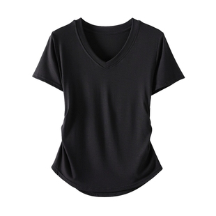 她池V领T恤2026夏装新款女装时尚通勤简约短款褶皱设计感休闲上衣