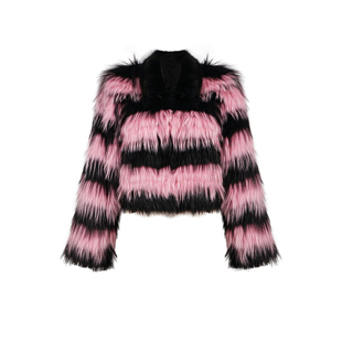 凡舒轻奢 星夜狂欢2025年秋冬新款黑粉撞色条纹狐狸毛外套百搭