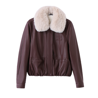 海宁压花绵羊皮加绒大毛领皮衣女