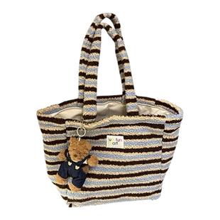 条纹包包女款羊羔毛手提单肩包大容量上班通勤包秋冬毛绒托特包